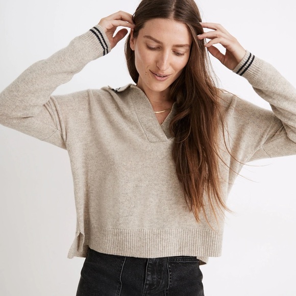 Madewell Sweaters - MADEWELL Tipped Davie Polo Varsity Preppy Wool Blend Collared VNeck Sweater